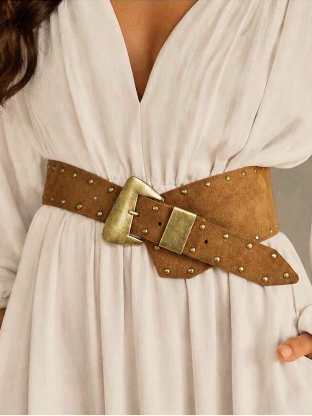 Wide Suede Studded Waist Belt in Brown